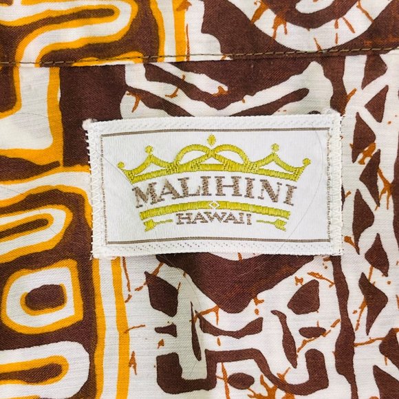 Vintage Malihini Hawaii Men's Hawaiian Shirt Tiki Aloha Pattern Brown Gold - Picture 3 of 7